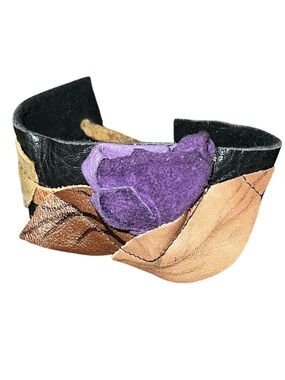 Vintage Hippie Leather Cuff Bracelet with Purple Flower Accent